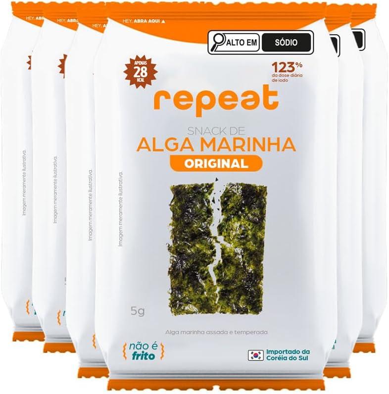 Repeat, Snack Alga Marinha Crocante 5g | Kit com 6 unidades | Low Carb | 25-30kcal por porção | 123% da dose diaria de iodo (Tradicional)
