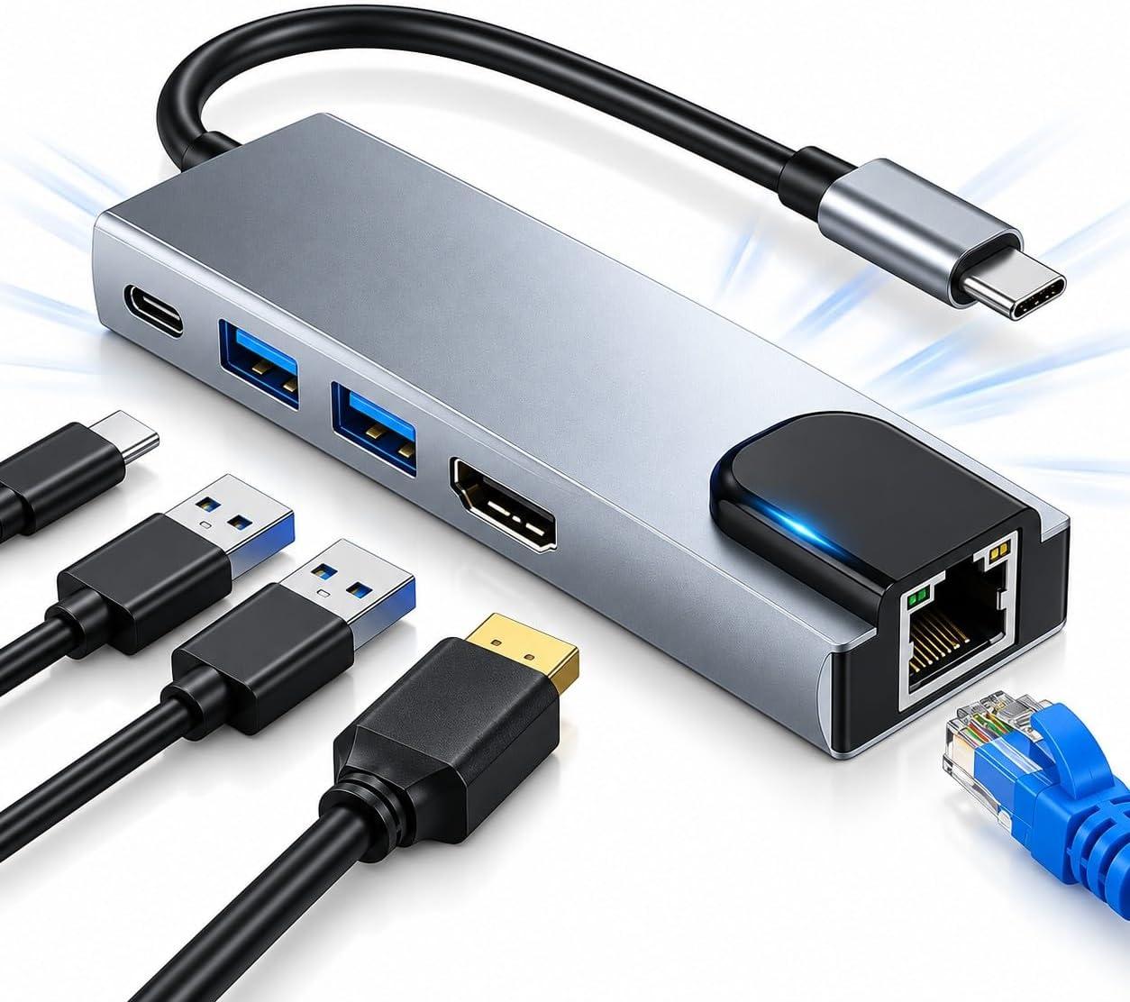 Hub USB-C 6 em 1 com HDMI 4K, RJ45 Ethernet 100Mbps, 2x USB 3.0, 2x USB-C