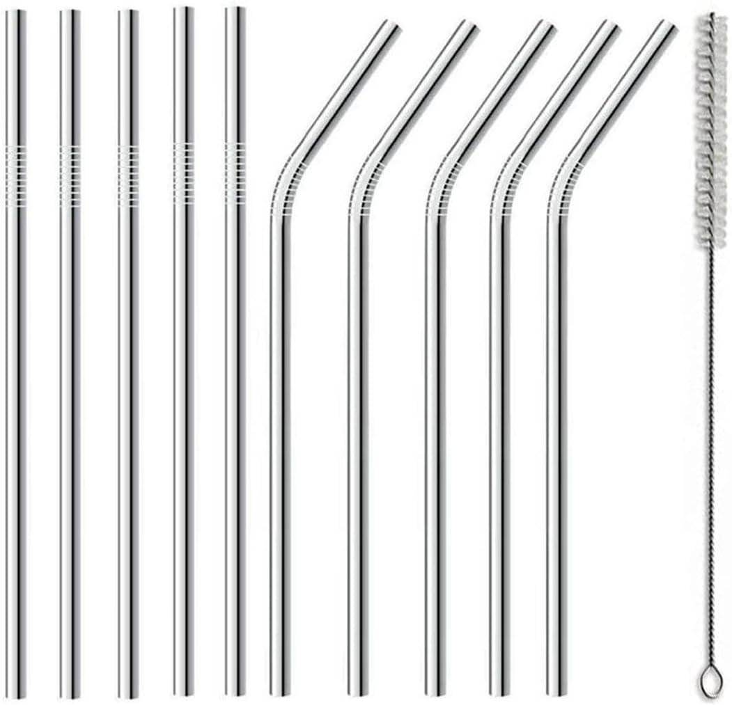 Canudo Inox Reutilizável Ecológico 10 Unidades 5 Retos 5 Curvos + Escova