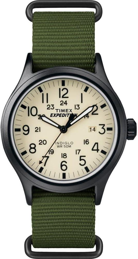 Timex Relógio masculino Expedition Scout de 40 mm – caixa preta e mostrador com pulseira deslizante de couro oliva