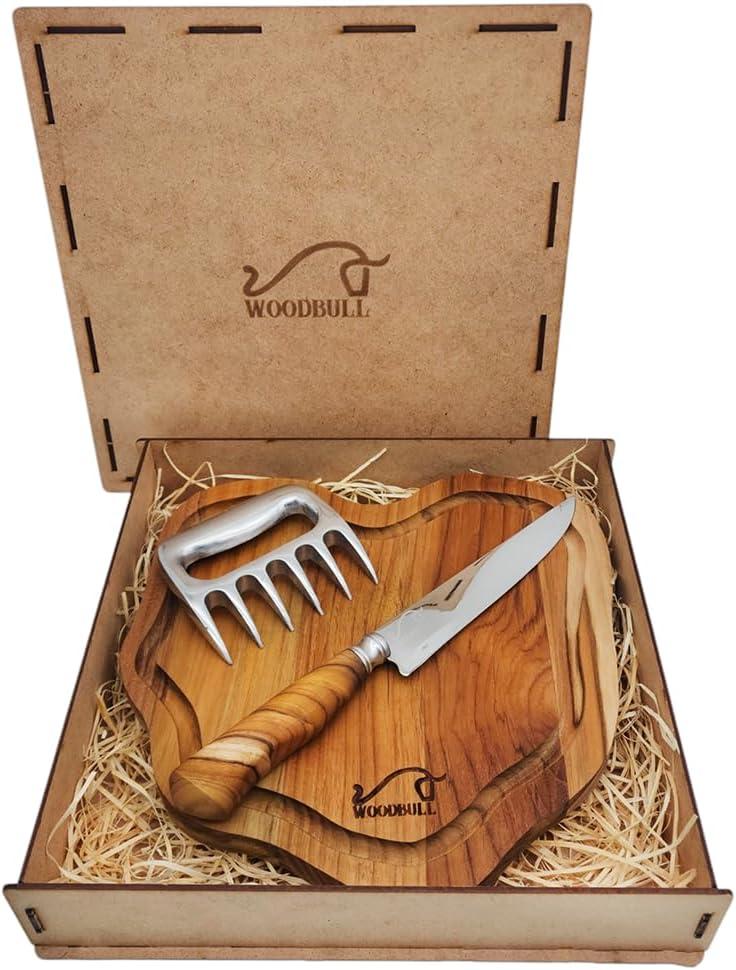 Kit Churrasco Edição Especial, com Ferramentas para Preparar e Servir Carnes com Estilo, Ideal para Churrascos, Festas e Presente, Tábua Artesanal, Faca Inox 7" e Garra de Urso – WOODBULL.