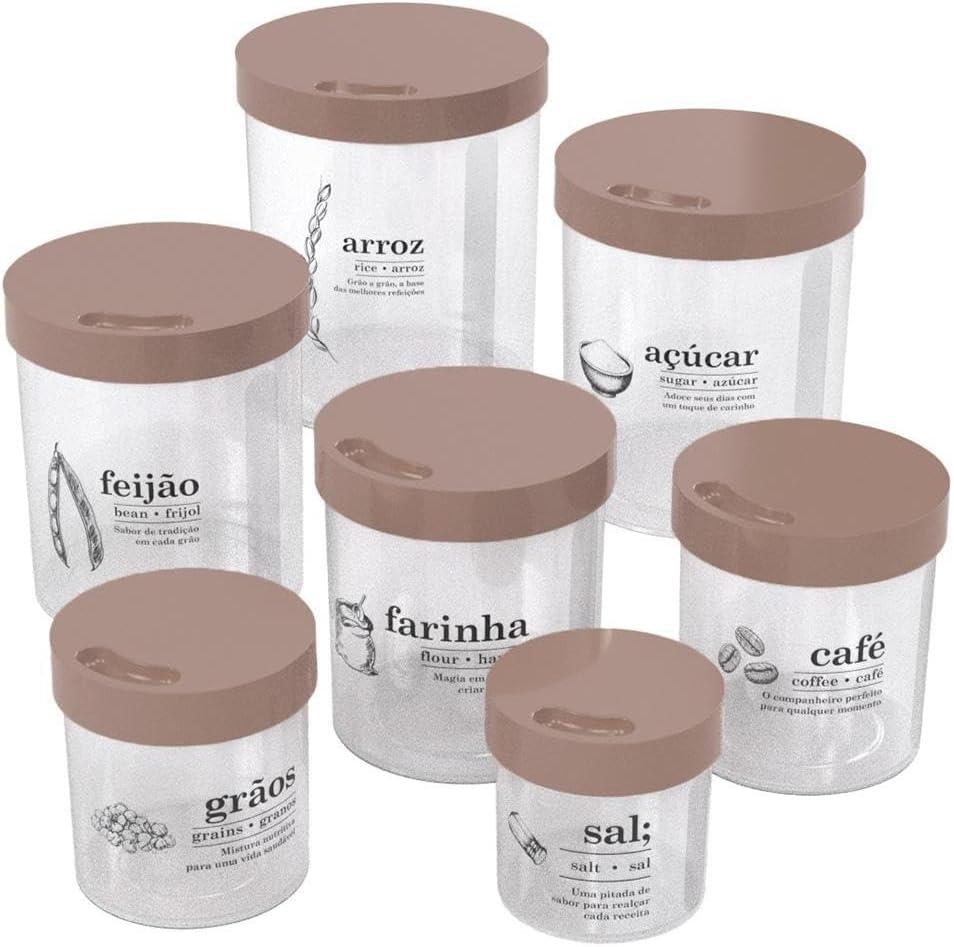 Conjunto Porta Mantimentos Redondo Decorado 7 Peças – Potes Organizadores para Despensa e Cozinha, Tampa Vedada, Ideal para Arroz, Feijão, Açúcar, Café e Grãos