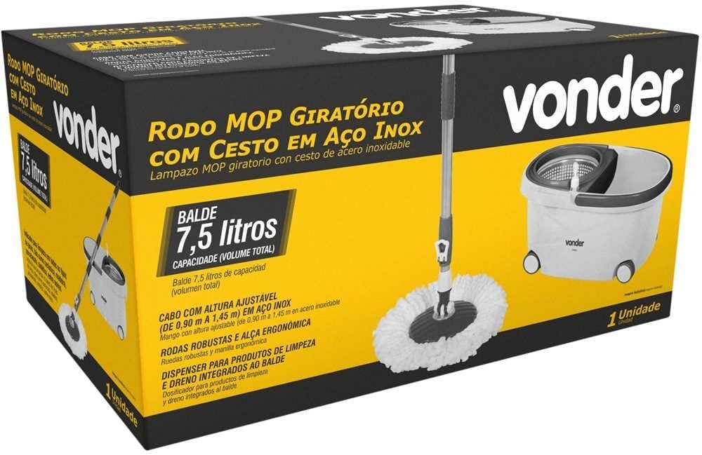 Rodo Mop Giratório com Cesto de 7,5 litros em Aço Inox Vonder