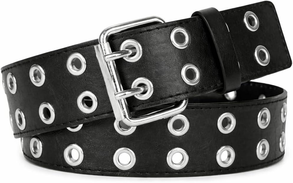 Cinto Punk Duplo Ilhós Ajustável Unissex em Couro Sintético Preto - Estilo Urbano, Moderno e Rock com Fivela Dupla de Metal