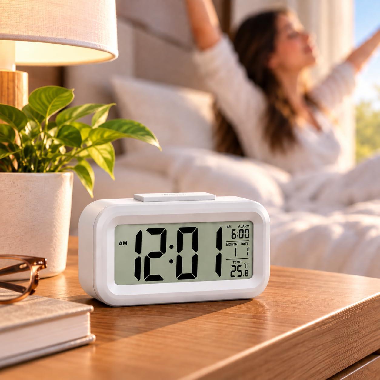 Relógio Digital Mesa Despertador LCD Branco Temperatura Calendário Luz LED