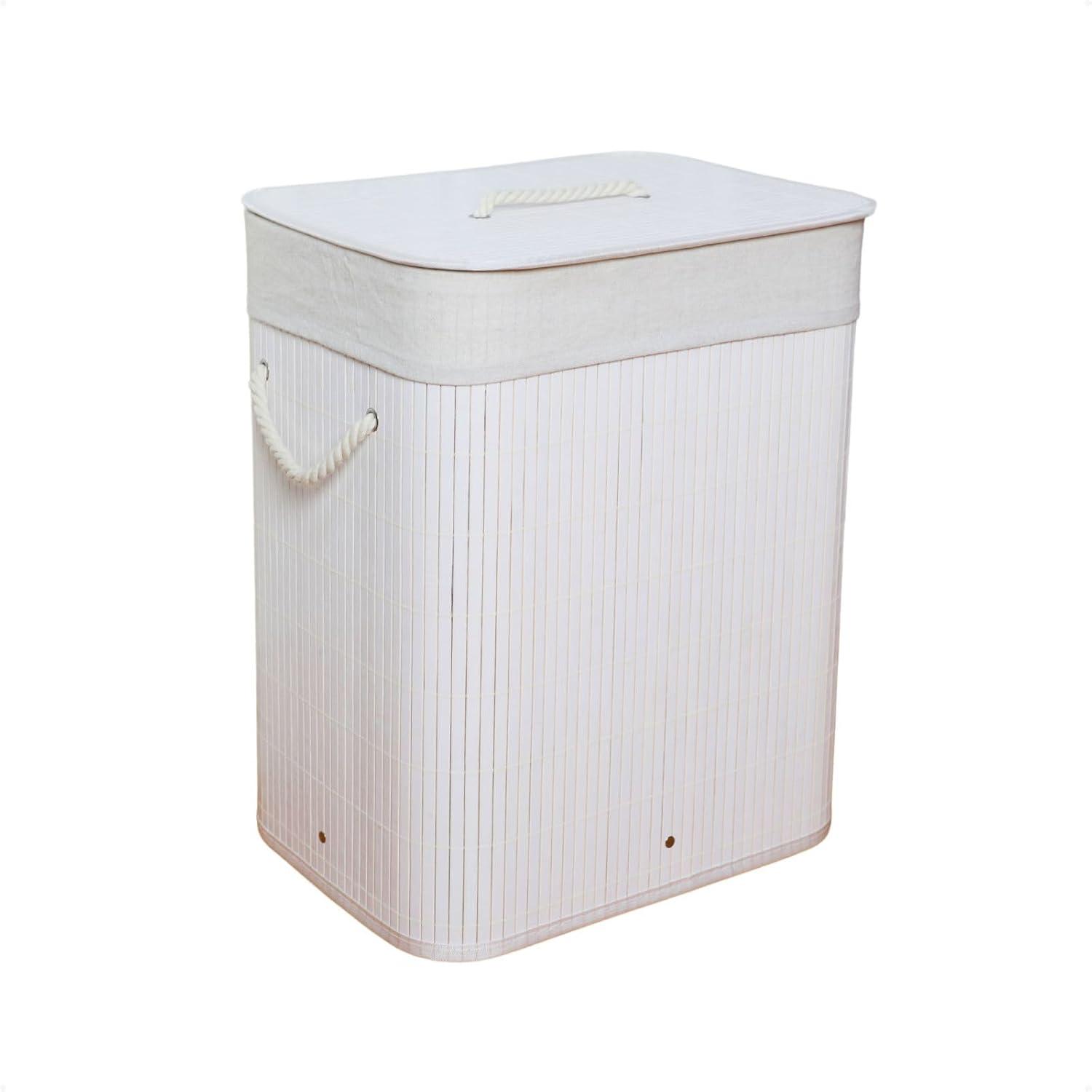 Cesto De Roupa Suja com Alças Em Bambu Com Tampa Forrado Banheiro Lavanderia Quarto