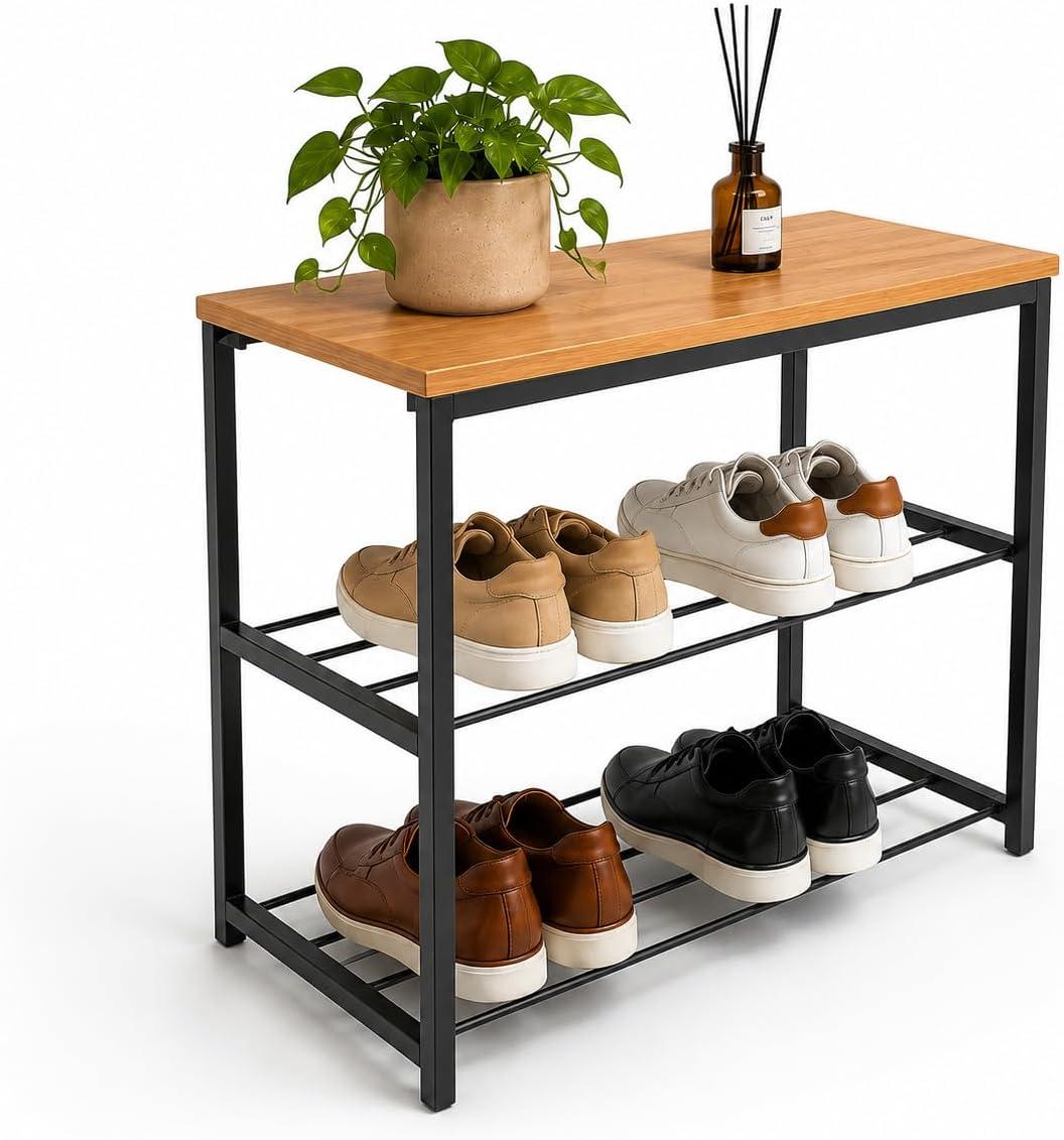 Sapateira Banco Industrial Para Hall/Closet/Quarto 2 Prateleiras em Chapa de Aço - LH Móveis (Cedro)