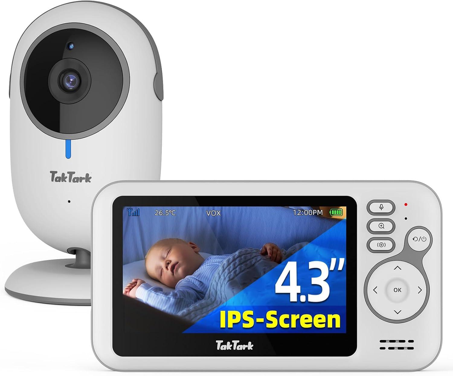 TakTark Babá Eletrônica, 4.3" Câmera para Bebês com Monitor, 2 Way Audio, Visão Noturna Infravermelha, Áudio Bidirecional, Detecção de Som VOX, Monitoramento Temperatura, Ideal para Novos Pais