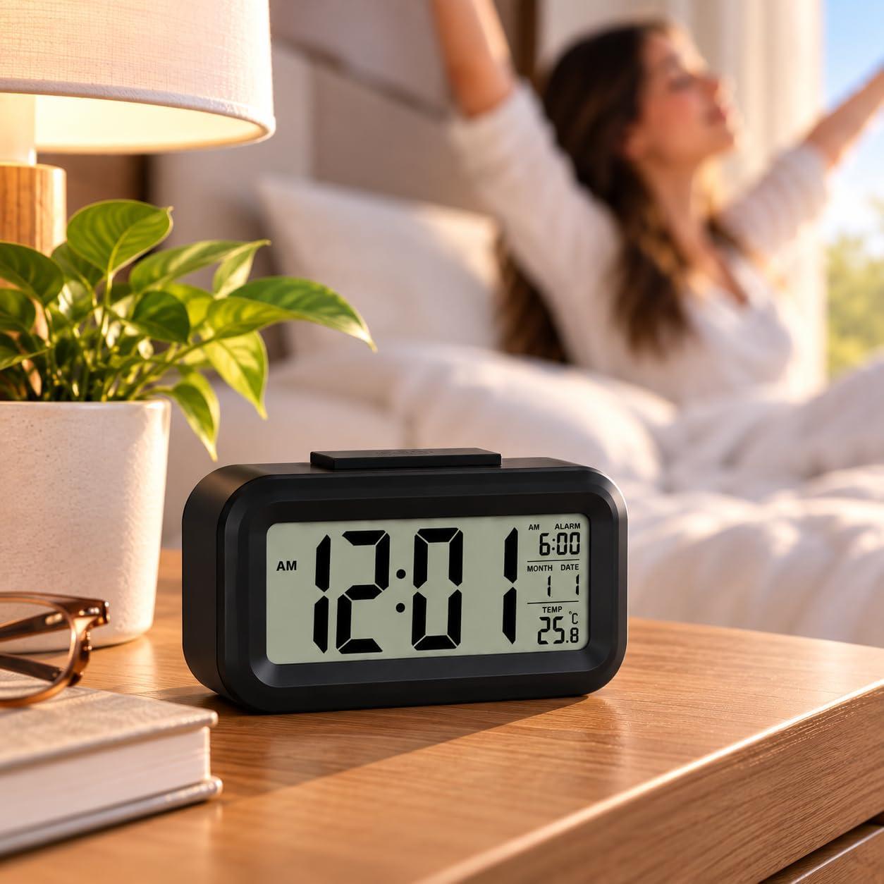 Relógio Despertador Digital Mesa Luz LED Sensor Temperatura Pilha AAA Preto