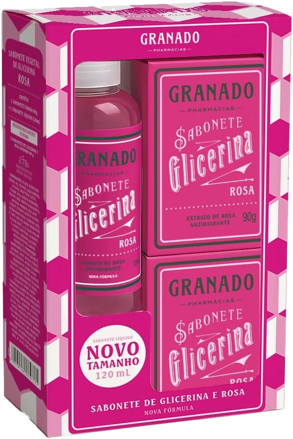 Granado Kit, Glicerina, 2 Sabonetes Barra,90g + Sabonete Líquido Rosa 120ml