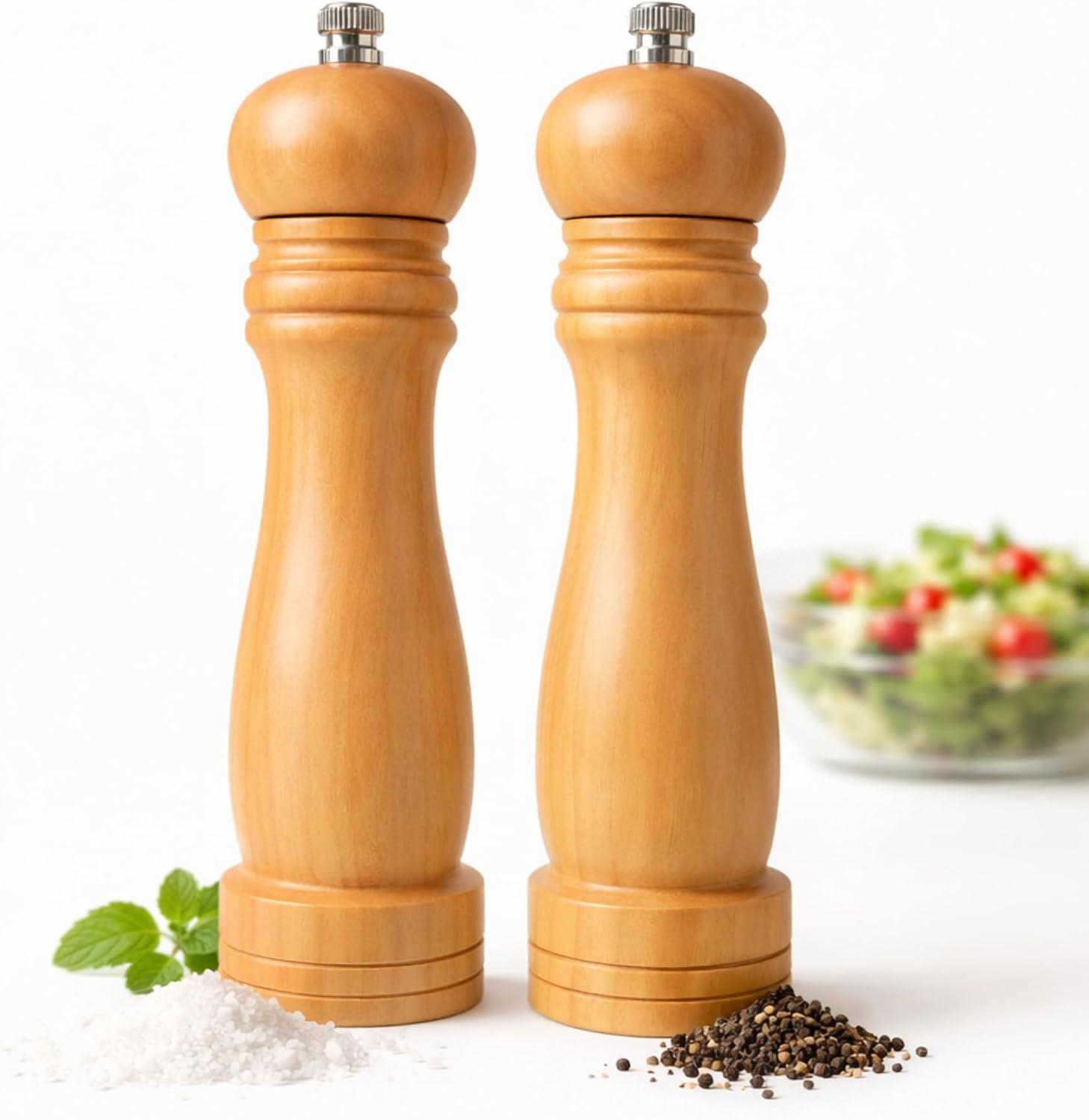 Kit 2 Moedor de Pimenta e Sal em Madeira - Moedor Manual com Refil de Cerâmica e Aço Inox Ajustável, para Sal Grosso, Pimenta do Reino e Temperos