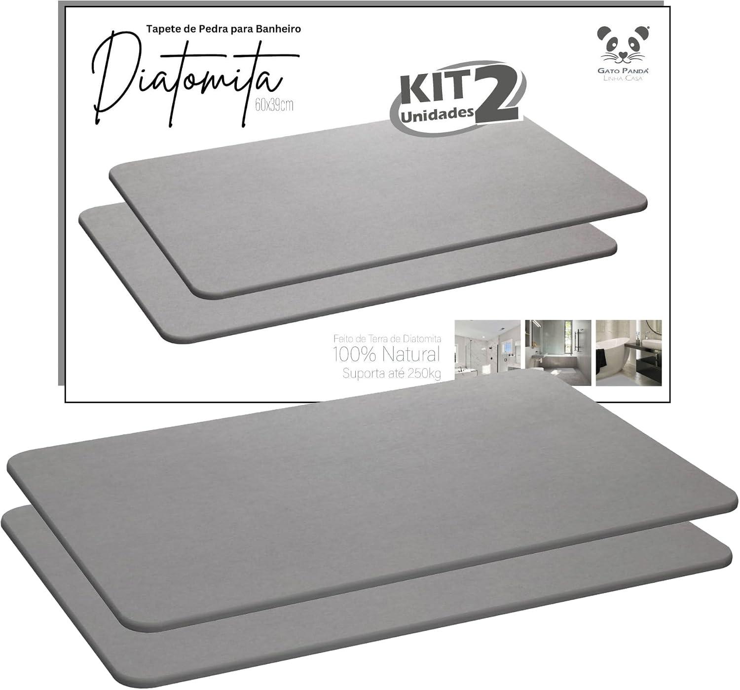 Gato Panda - Kit com 2 Tapetes de Pedra Diatomita para Banheiro Cinza 60x39 cm – Tapete Absorvente de Secagem Instantânea, Antiderrapante, Antibacteriano e Fácil de Limpar, Retangular