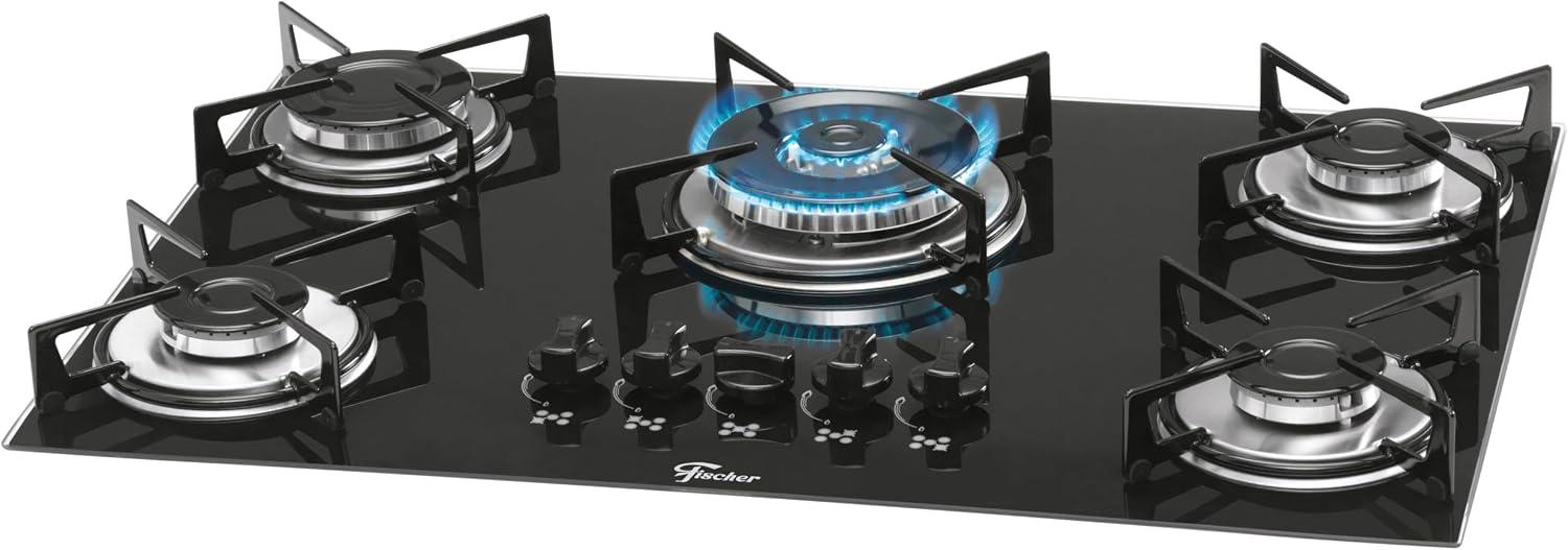 Fischer Cooktop à Gás 5 Bocas Tripla Chama Mesa Vidro Preta Bivolt 1743-5733