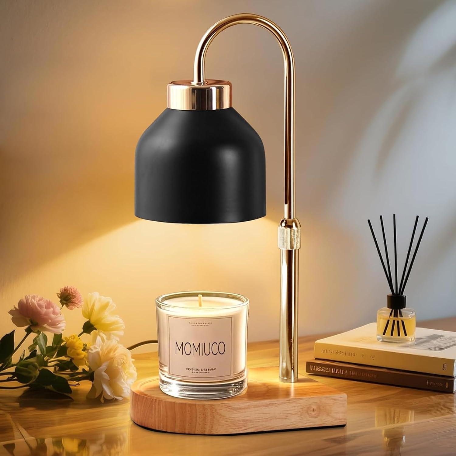Lâmpada Aquecedora de Vela Preta com Timer e Dimerizável, Altura Ajustável, Base de Madeira, Presente para Mulher, Mãe e Decoração de Casa