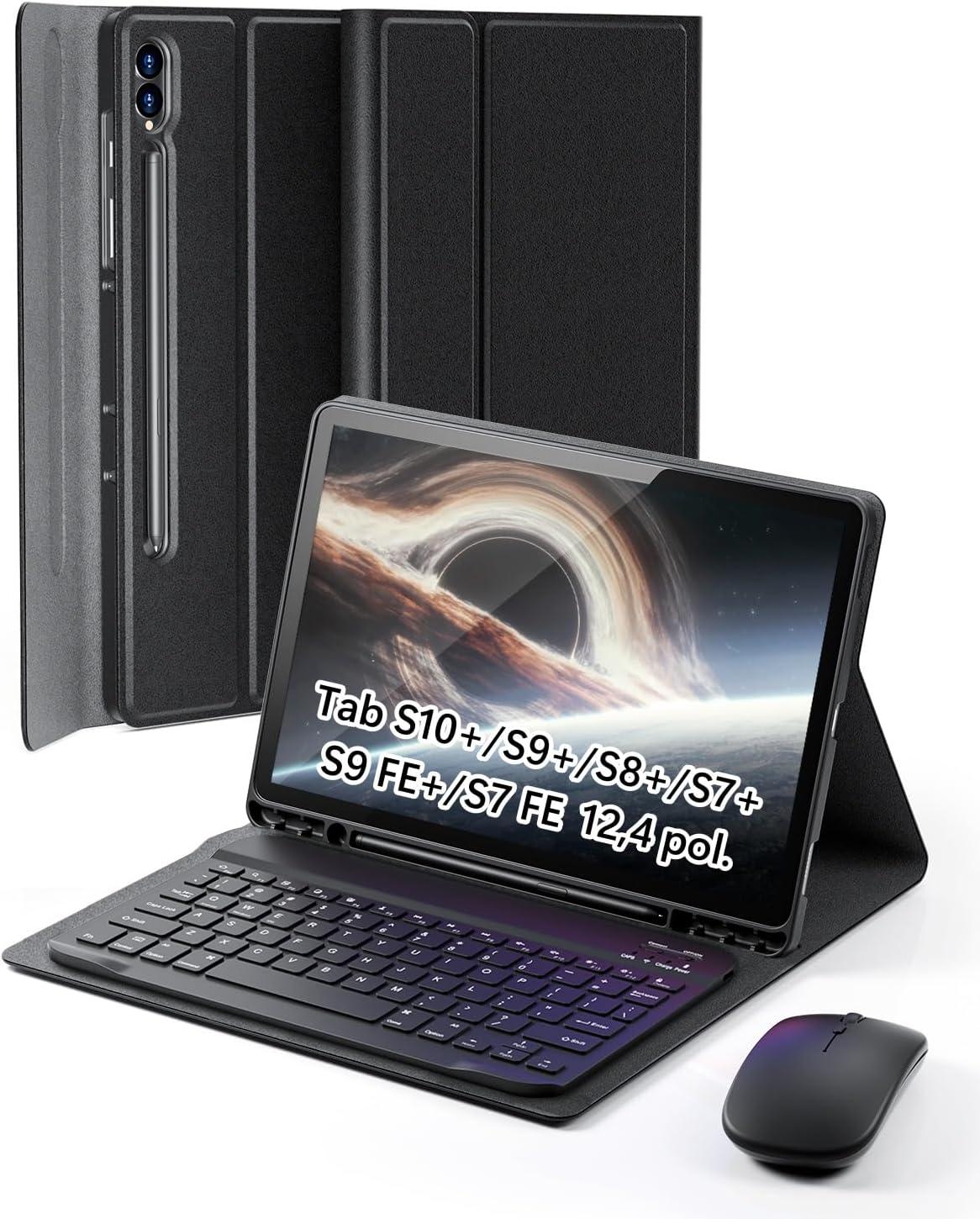 Capa Teclado para Samsung Galaxy Tab S10+ e S9 FE+ e S9+ e S8+ e S7 FE e S7+ (Plus) 12,4 polegadas Capinha [ suporte para Lápis embutido ] com [ Mouse ] - Preto