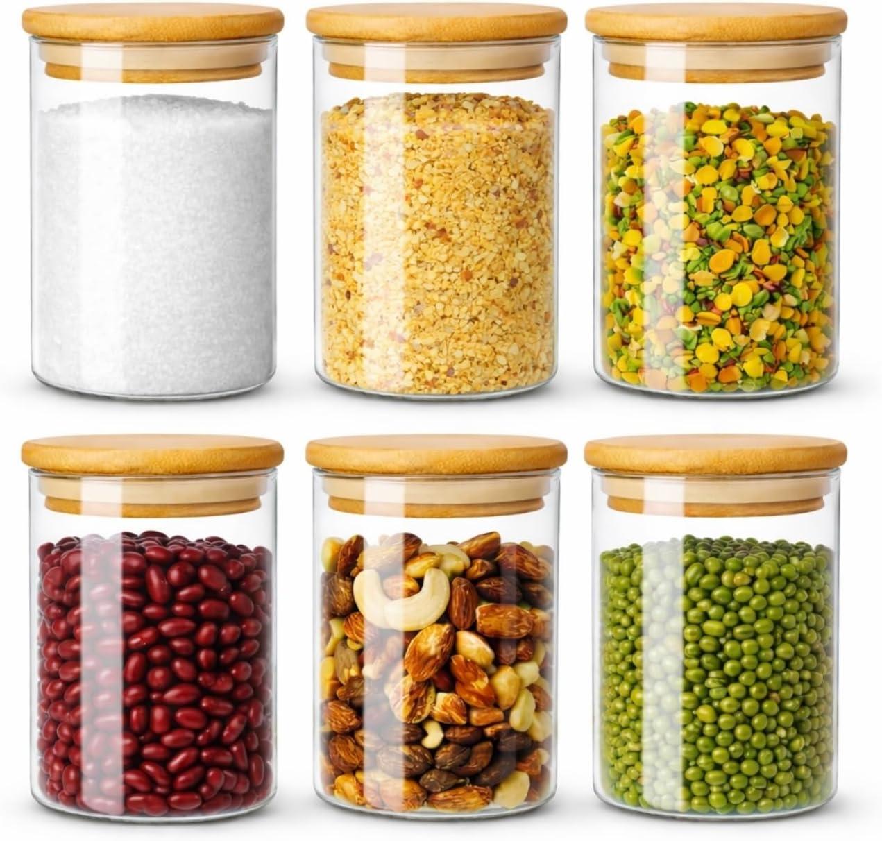 Kit 06 Potes Herméticos de Mantimentos 300ml Pote Redondo de Vidro com Tampa De Bambu Premium