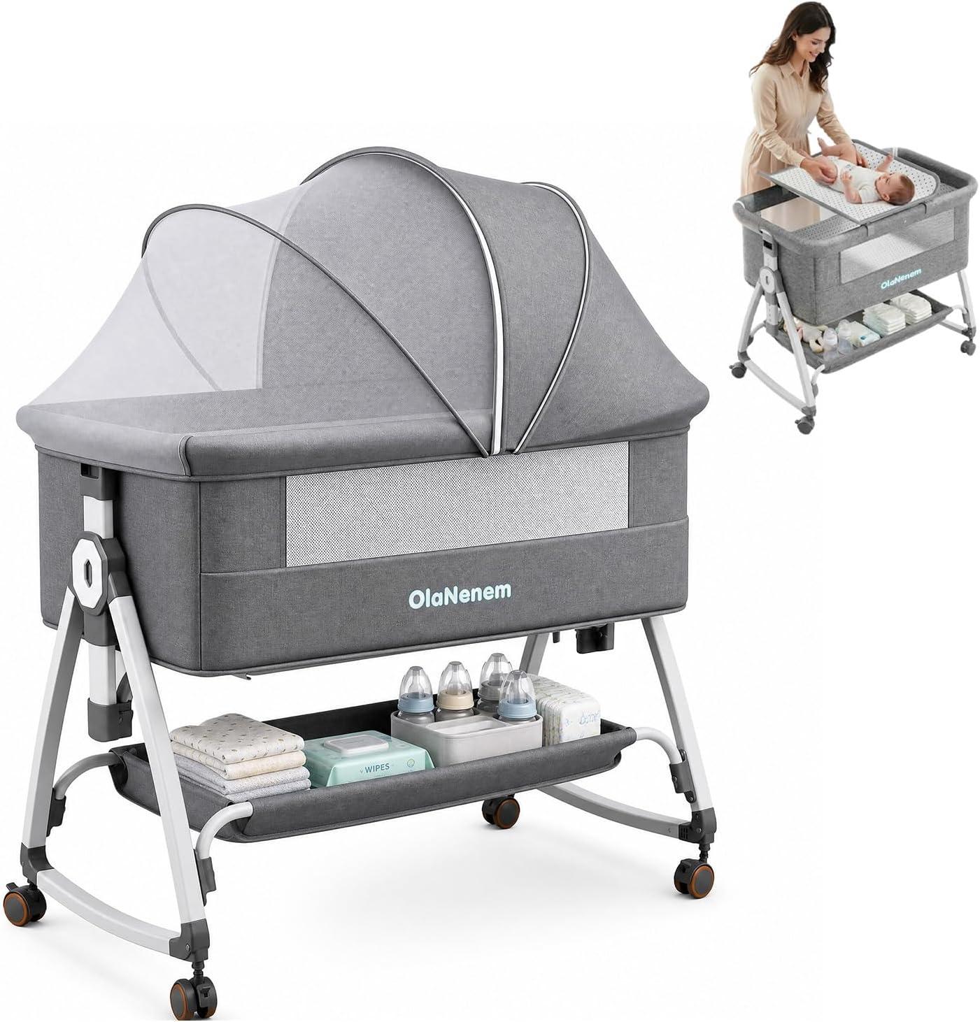 OLANENEM 6 em 1 Berço Portátil, Berço Moisés com Fraldário e Mosquiteiro, Berço Acoplado à Cama com Suporte Triangular de Aço Carbono, 6 Alturas e Inclinação Antirrefluxo 5°(Cinza)