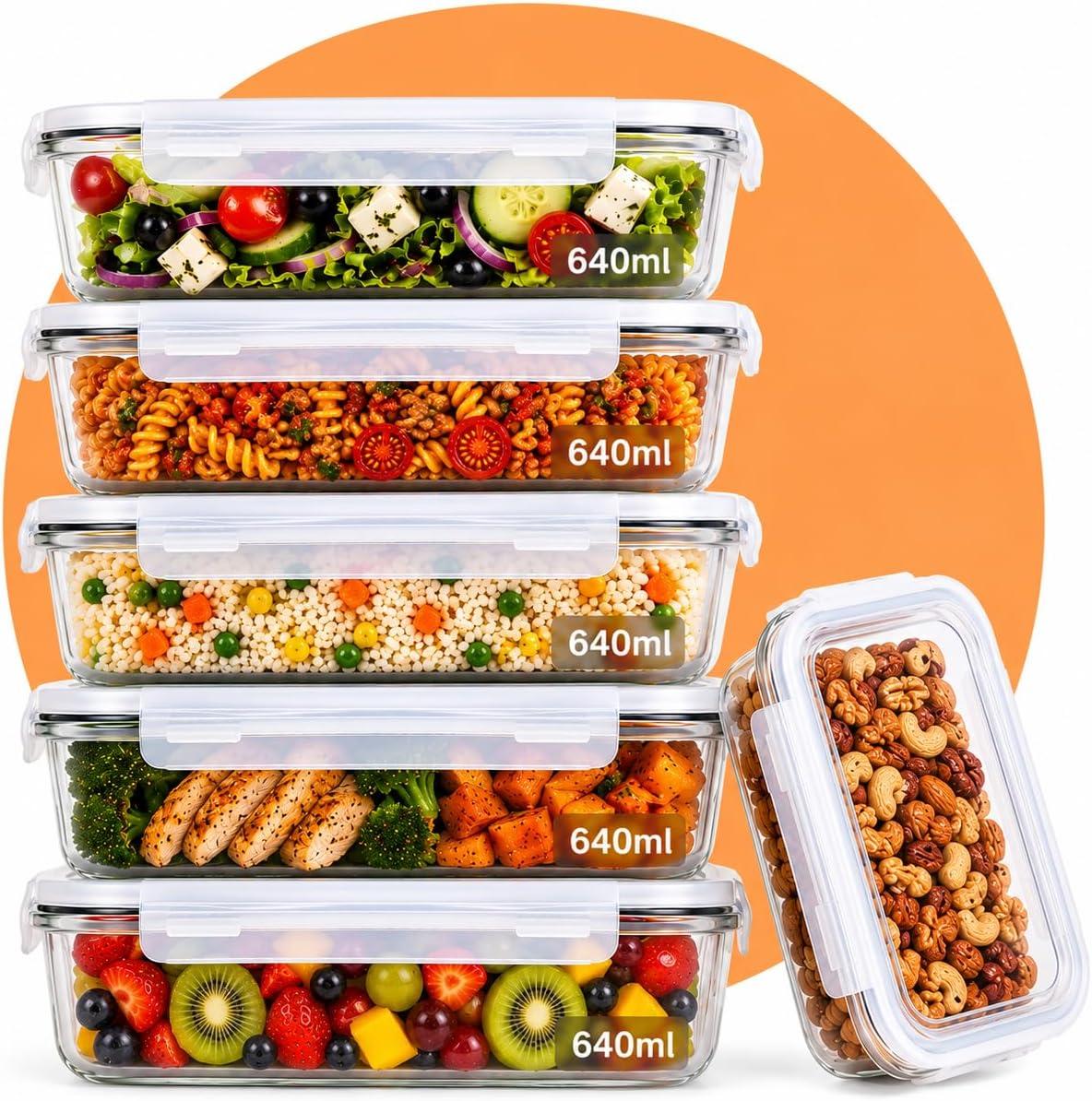 Kit 6 Potes de Vidro Hermético 640ml Borossilicato com Tampa 4 Travas – Recipiente Retangular para Marmita, Micro-ondas, Forno e Freezer – Armazenamento de Alimentos – Sem BPA