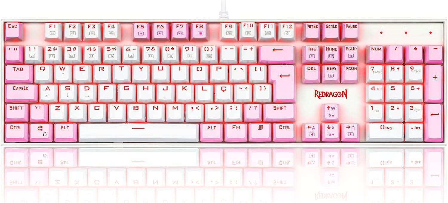 Teclado Mecanico Gamer Single Color Redragon Mitra Branco e Rosa com Switch Azul