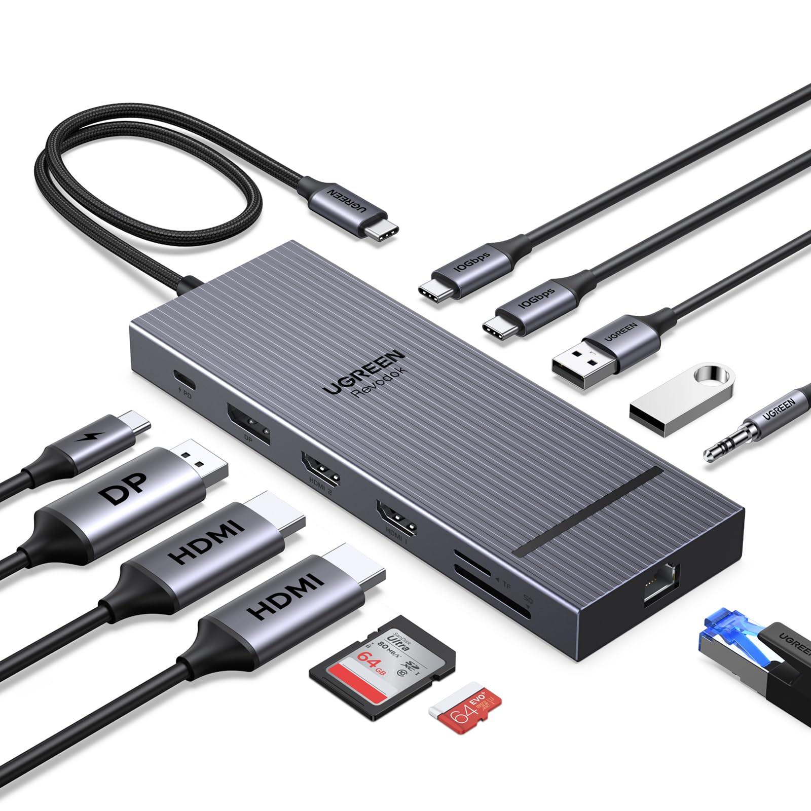 UGREEN Revodok Pro Hub USB C Dock Station 12 em 1 com Dual HDMI e DP | 4K@144Hz, USB-C 10Gbps, Ethernet 1000Mbps, Leitor de Cartão SD TF 170 MB/s, Áudio 3,5 mm, PD 100W, Compatível com DELL e HP