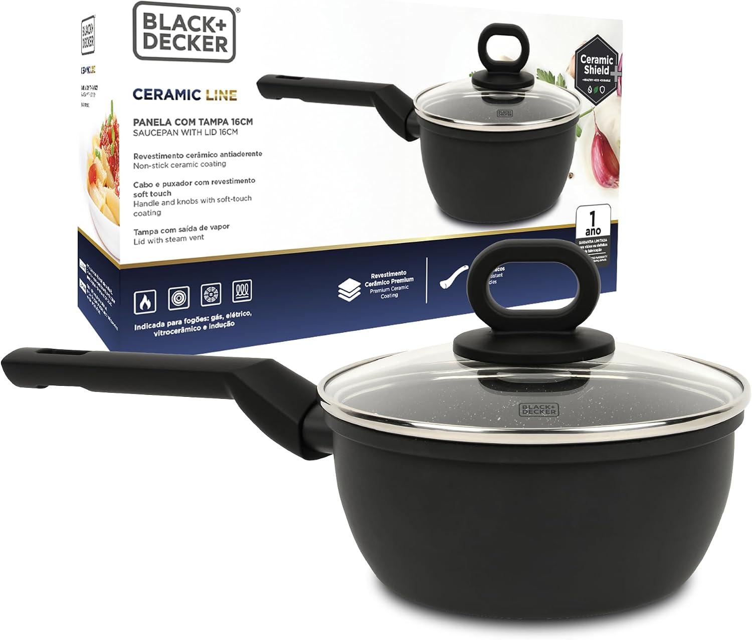 Black+decker Panela com Tampa 16 Cm 1,4 Litros Ceramic Line - Corpo com Revestimento Cerâmico com Exterior na Cor Preta e Base Compatível com Indução - Black