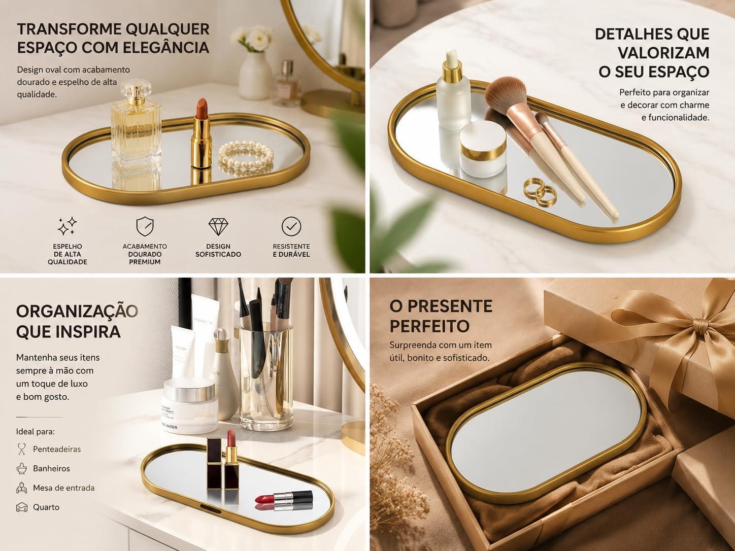 Bandeja Decorativa com Espelho Multiuso Oval Espelhada Decoração Sala Mesa Premium