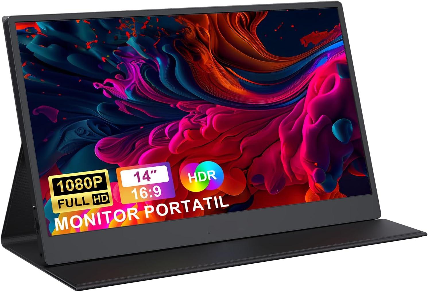 Bettdow Monitor Portatil 14'', FHD 1080P Monitor Portátil Conectado Com USB C Dupla/HDMI, IPS Extensor De Tela para Notebook com VESA e Funda Inteligente magnético, Plug and Play