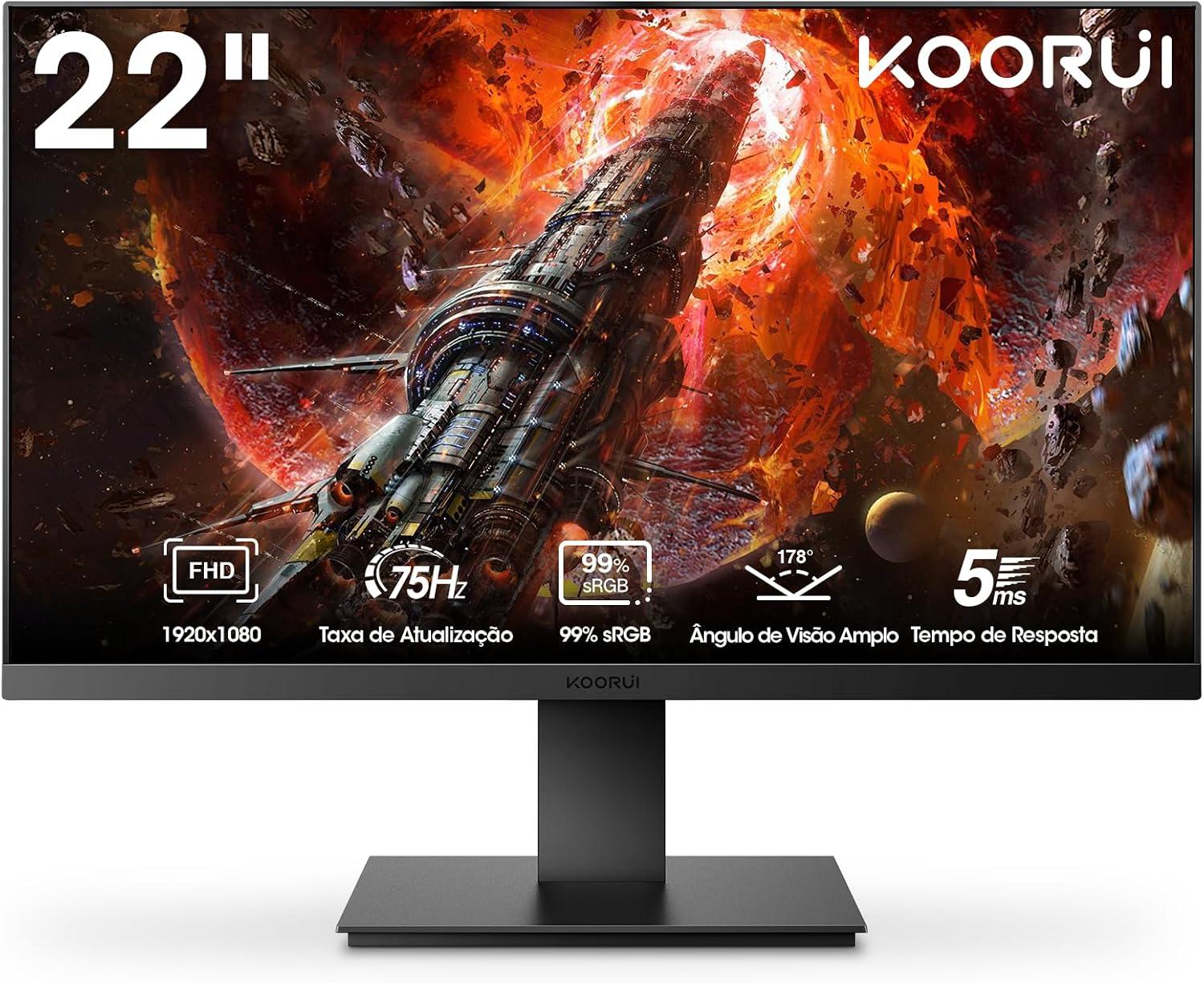Monitor Koorui 22" FHD 1080p 75Hz Painel VA 99% sRGB Design Slim HDMI/VGA Inclinação Ajustável e VESA Preto 22N1