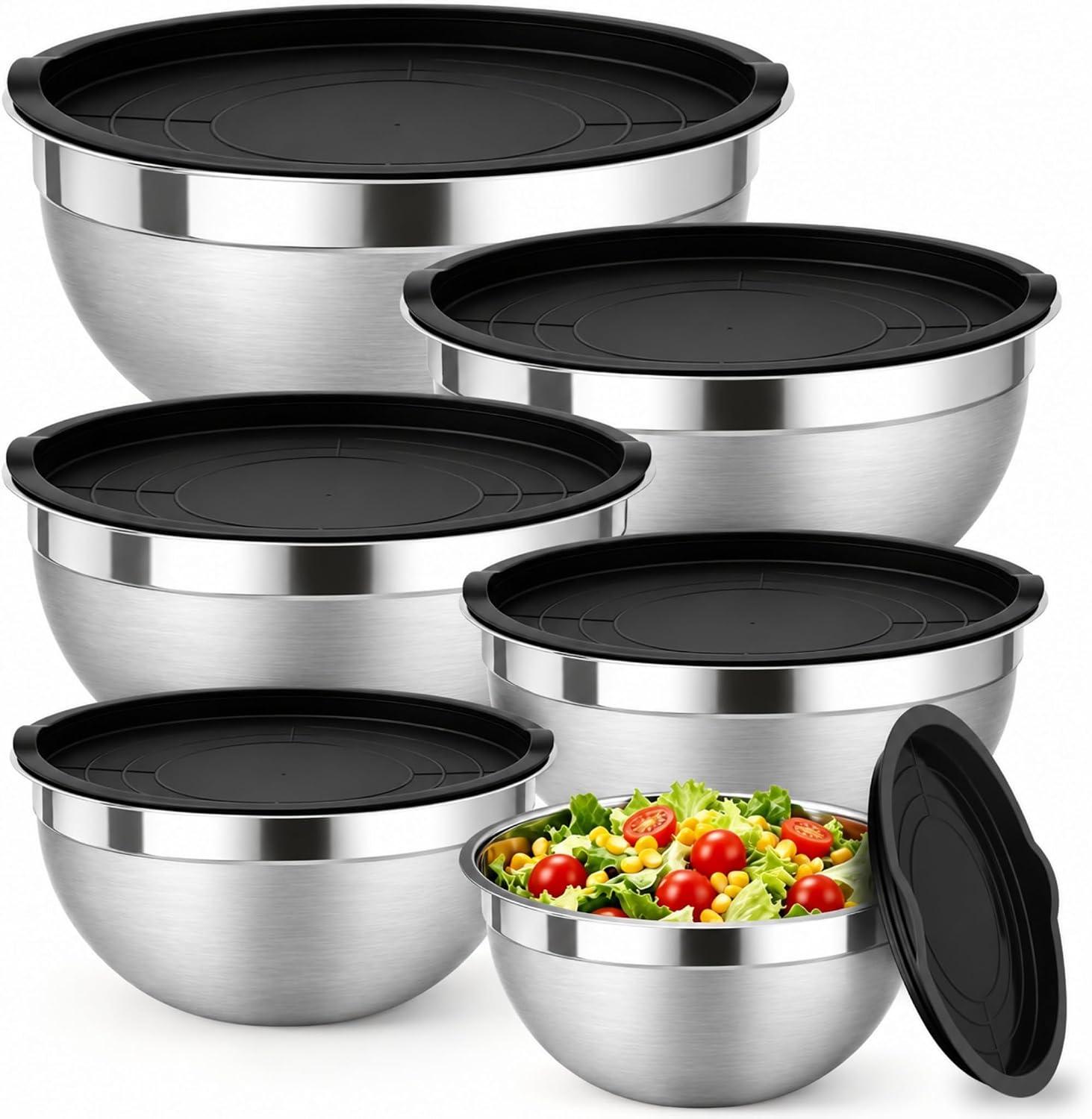Conjunto de 5 Bowls Tigelas de Inox com Tampa Plástica Hermética – Saladeira, Bacia Inox para Preparar Alimentos, Marinar Carnes, Armazenar e Conservar, Empilhável, Fácil de Limpar, Grau Alimentício