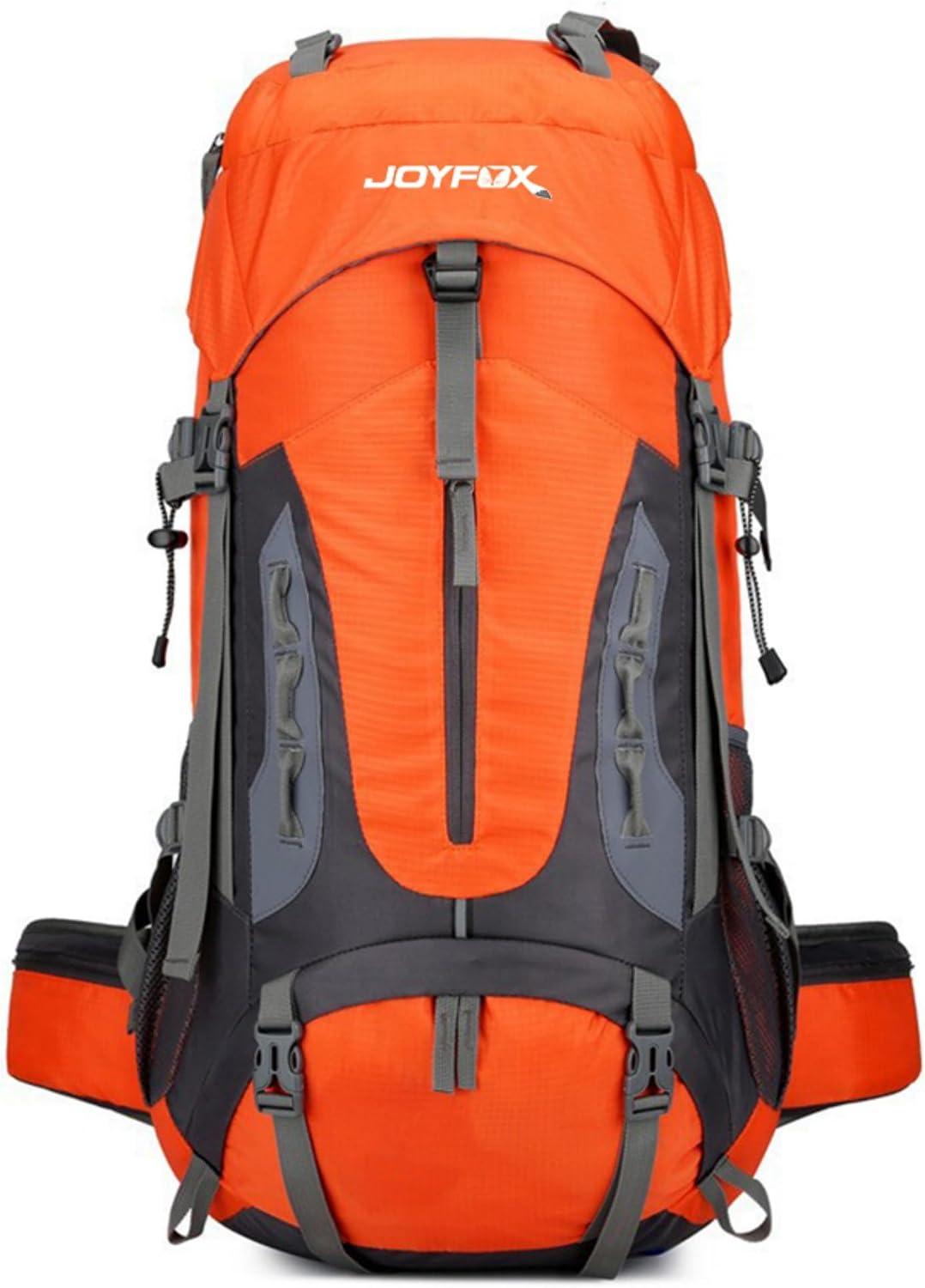 JOYFOX Mochila de Camping 65+5L/45+5L Impermeável Unissex para Viagem, Trilhas e Acampamentos – Cor Laranja