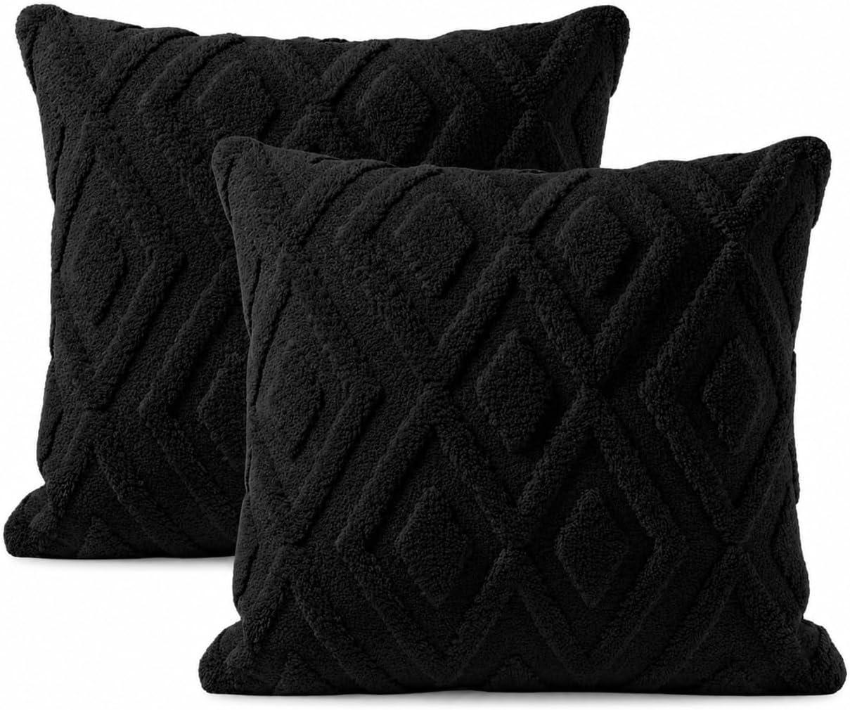 Capa de Almofada, Kit com 2 Capas Decorativas em Pelúcia, Plush, Luxuoso, Toque Suave, Desenhos em Relevo, Sala - Casa e Decoração (Brasil- Preto)