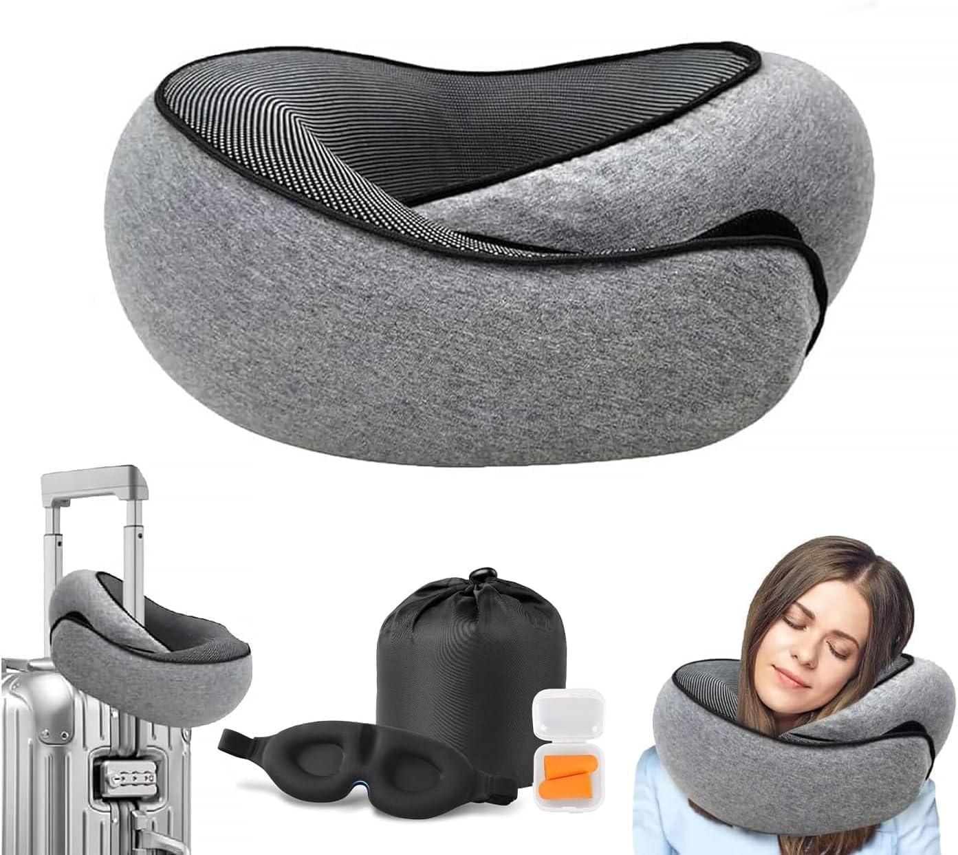 Travesseiro de Viagem 360° Ajustável Ergonômico Suporte Duplo para Cabeça e Pescoço – Espuma de Memória Portátil com Sacola, Máscara de Dormir e Protetor Auricular – Perfeito para Avião, Carro, Trem