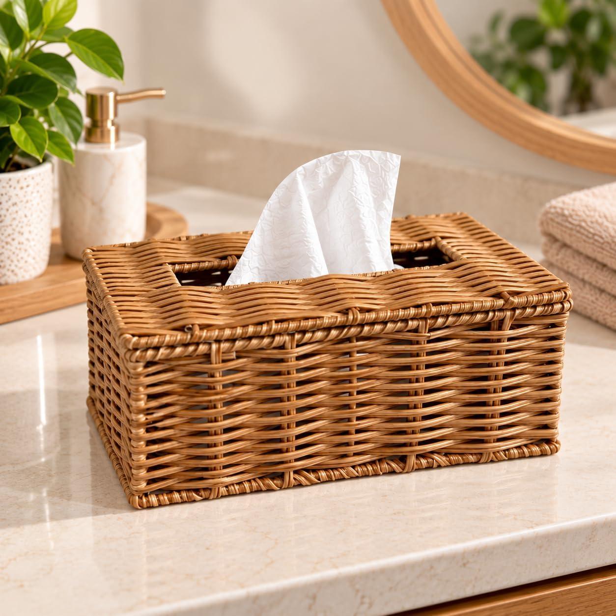 Organizador Porta Lenços de Papel e Toalhas Umedicidas - Rattan - Ideal para Banheiro, Lavabo, Quarto e Sala - Design Elegante e Prático