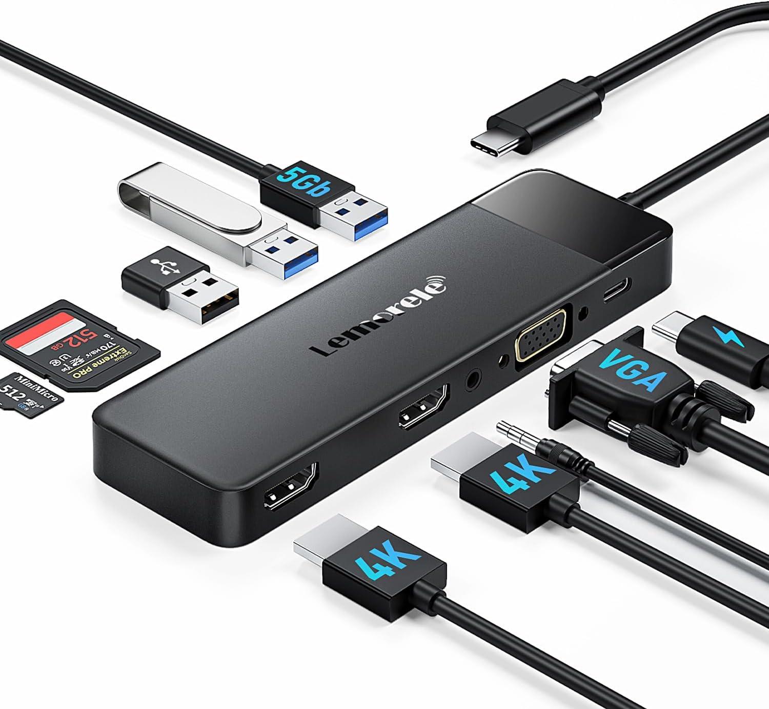 Lemorele Dock Station USB-C 10 em 1 com Suporte para 3 Monitores (2x HDMI 4K + VGA), 3 Portas USB 3.0, PD 100W, Áudio, Leitor SD/TF - Compatível com macOS & Windows