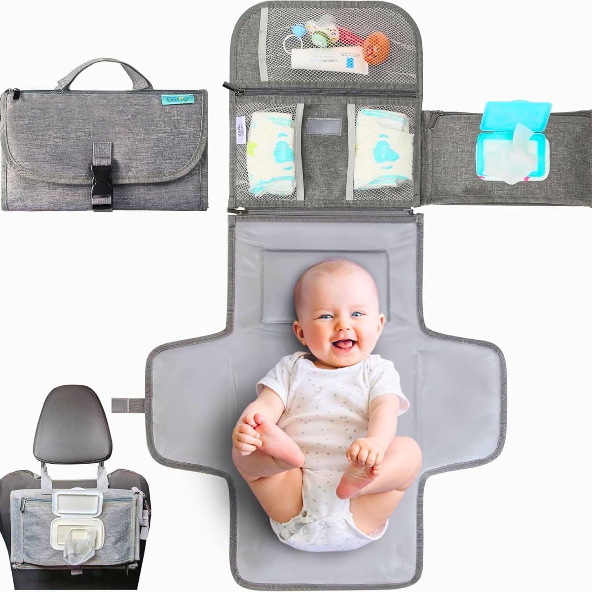 Trocador Portátil Bebê Impermeável e Dobrável com Porta Lenços Umedecidos e Bolsos, Trocador de Fraldas para Viagem, Bolsa Maternidade e Enxoval Unissex