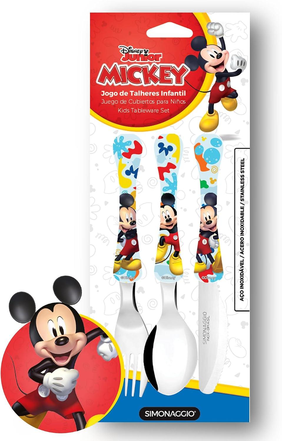 SIMONAGGIO Jogo de Talheres Infantil Disney Kids Mickey - Kit de Talheres de Aço Inox Com Cabo Plástico Para Bebês - Multicor - 3 Peças