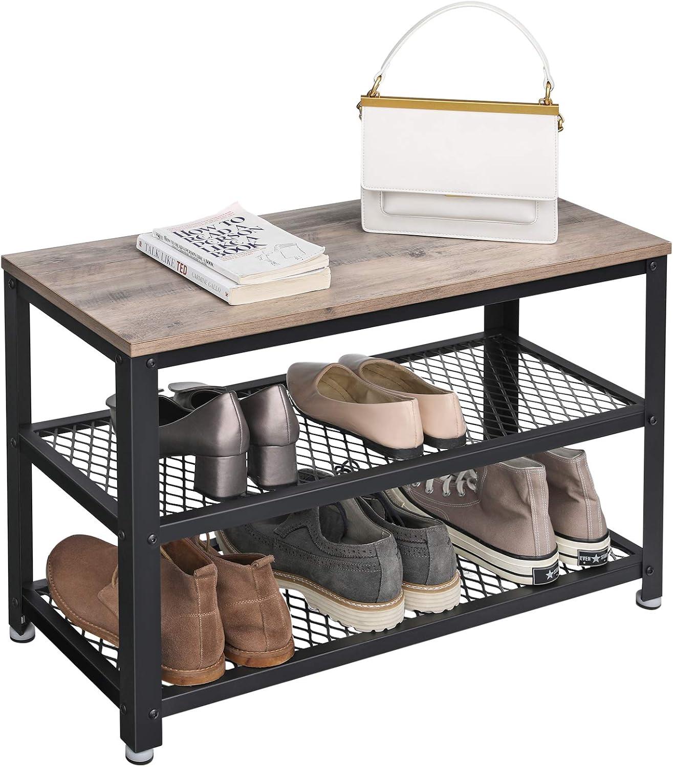 VASAGLE Banco para Sapatos, Estante de Sapatos com 2 Prateleiras de Grade, Armazenamento para Calçados, para Entrada, Corredor, Sala de Estar, Estrutura de Metal, Greige e Preto BRLBS73MB