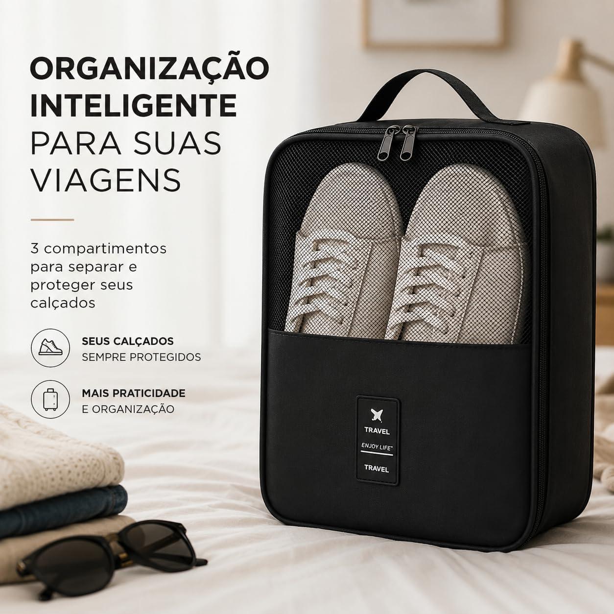 Bolsa de Sapatos para Viagem 03 Compartimentos Necessaire Organizadora de Tênis Sandálias Chinelos Sapato Porta Calçados com Zíper Malha Respirável Dobrável Economia de Espaço (PRETO)