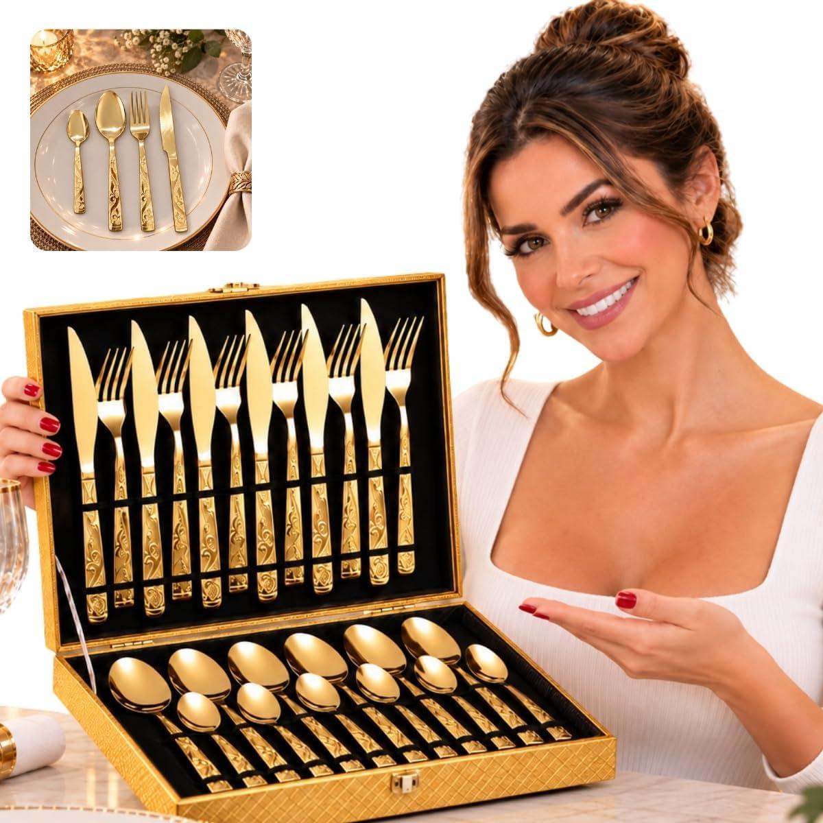 Maleta Conjunto Talheres Dourado 24 Peças Aço Inox Premium Jogo Mesa Posta