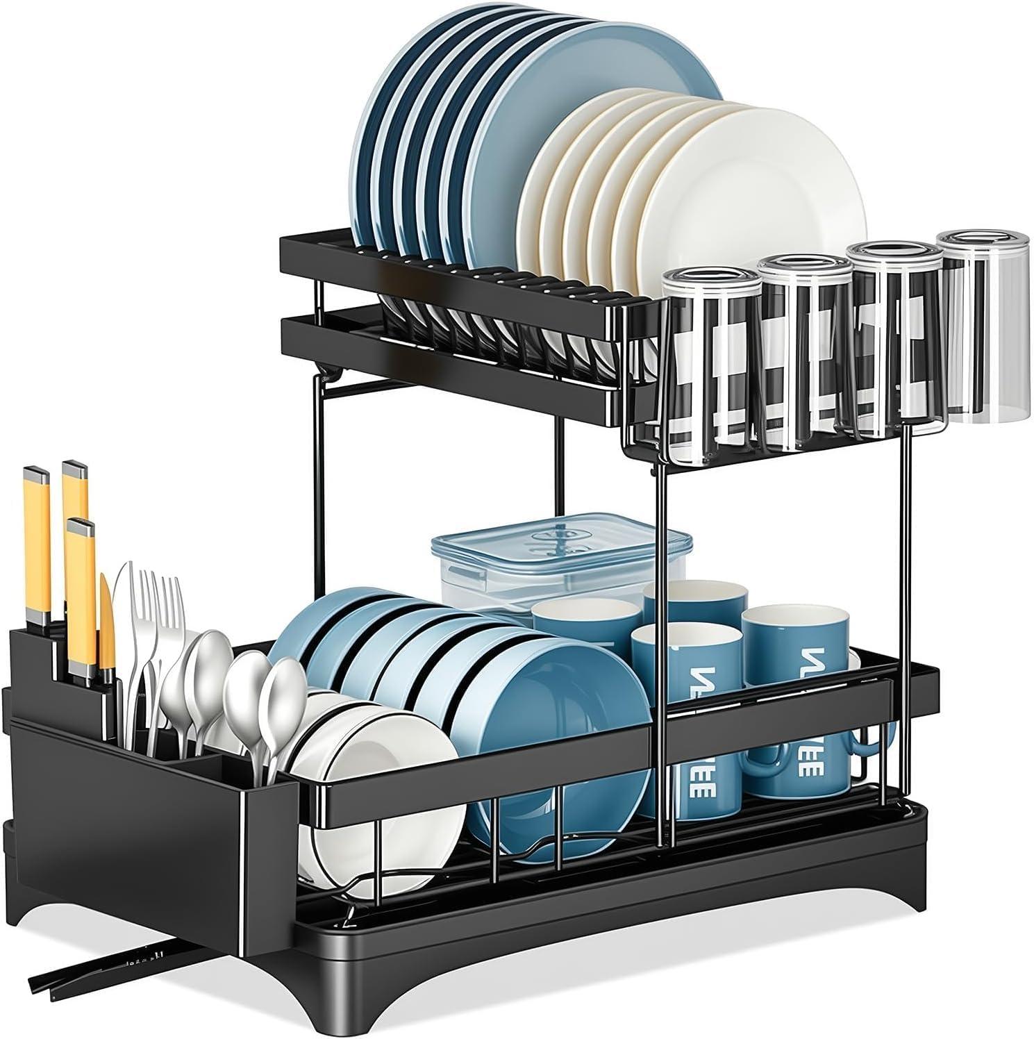 Escorredor de Louça Inox 2 Camadas com Suporte para Talheres, Copos, Facas, Tábuas e Bandeja, Organizador de Cozinha Suspenso, Prateleira com Drenagem Eficiente, Preto