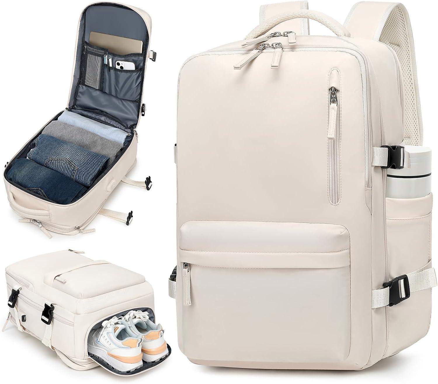 IceSelect Mochila de Viagem Expansivel Grande Masculina Feminina,Mochila Avião Notebook Bolsa de Sapato,Executiva,Antifurto,Reforçada,USB,Impermeável,Escolar,Faculdade,Trabalho,Presente (Bege)