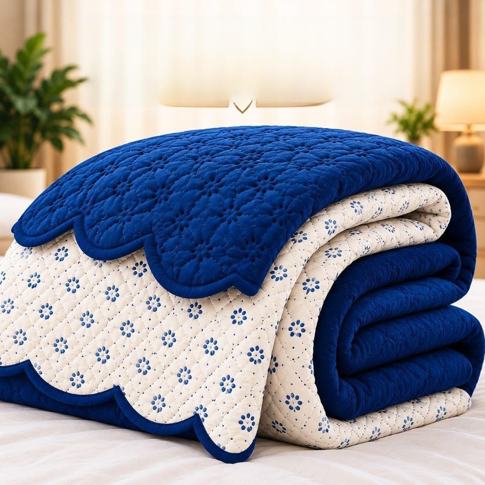 Kit Cobre Leito Colcha Queen Dupla Face 3 Peças 150 Fios Casa Dona (Azul e Milk)