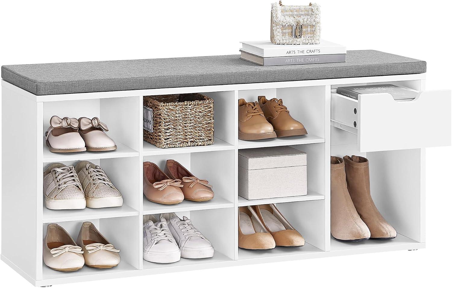 VASAGLE Banco para Armazenamento de Sapatos, Gaveta e Compartimentos Abertos, Banco com Assento para Sala de Estar, Quarto, Closet, Branco Nuvem BRLHS024WB01