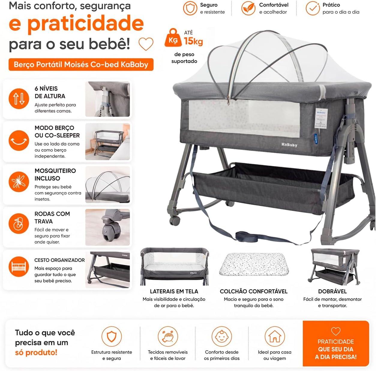 Berço Portátil Moises Co-bed Com Balanço Mosquiteiro e Cesto Cinza KaBaby