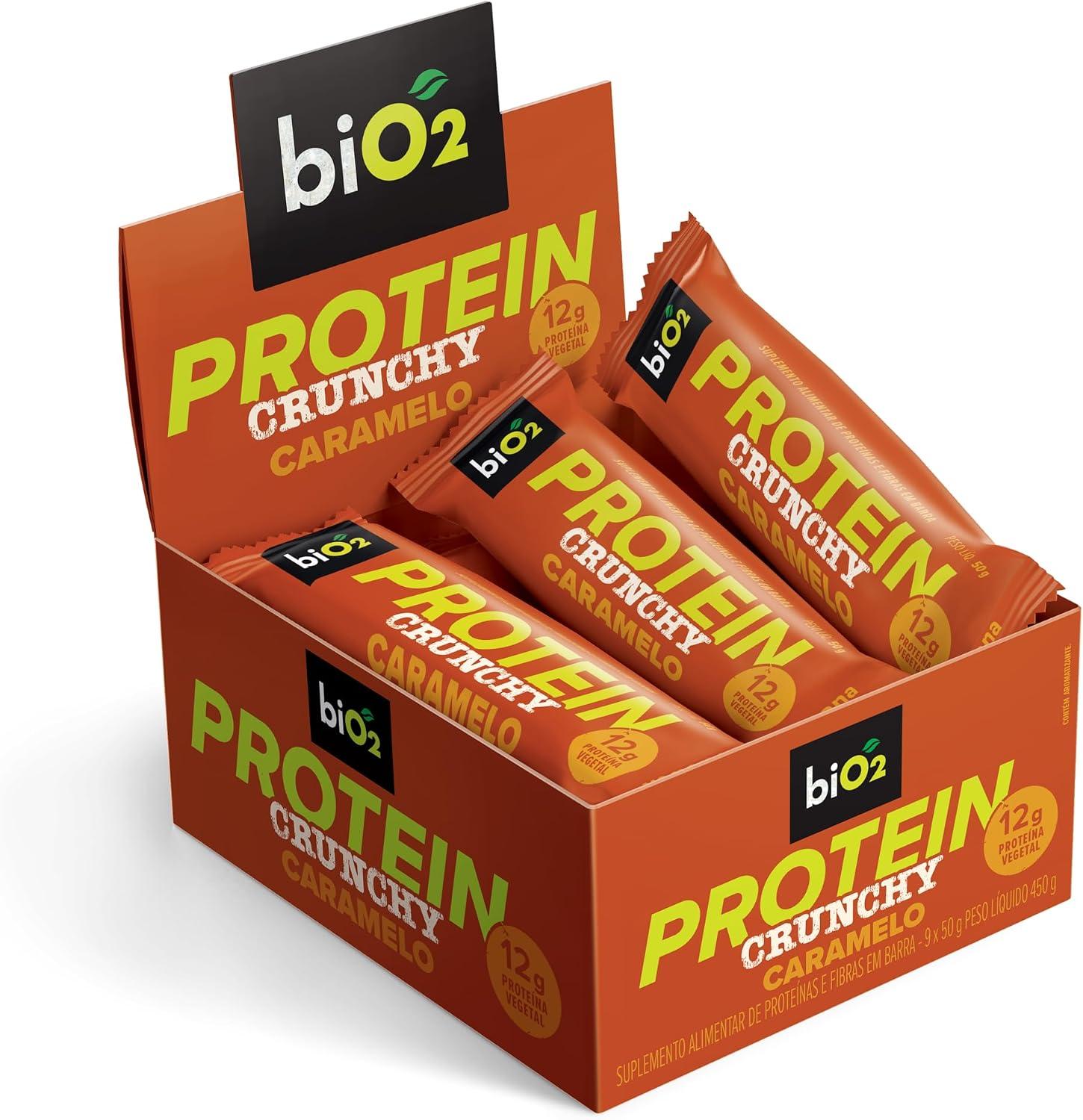 Barra de Proteína Crocante biO2 Protein Crunchy Caramelo, Caixa com 9 unidades de 50 g, Vegana e sem Glúten