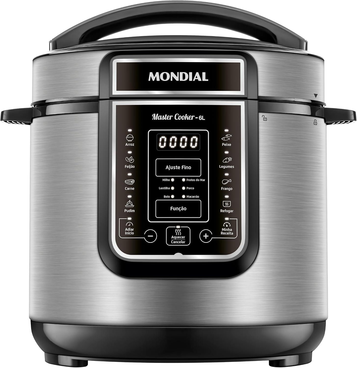 MONDIAL Panela de Pressão Elétrica Digital 6L, Preto/Inox, 1000W, 220V - PE-60-6L-I