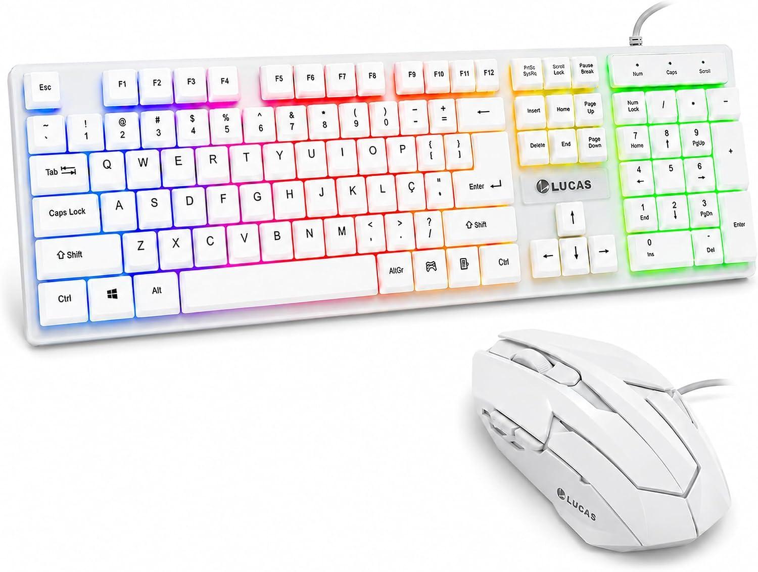 Teclado Mecânico Gamer com Mouse LED RGB Ajustável e Conexão USB com Fio
