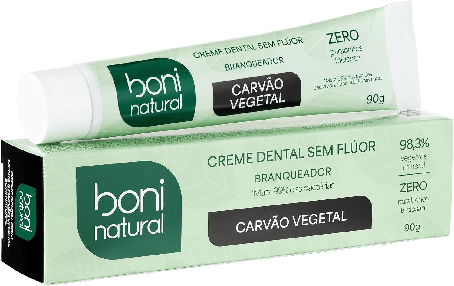 BONI NATURAL - Creme Dental Carvão Ativado Branqueador Com Carvão Vegetal, Vegano e Natural Sem Flúor, Sem Triclosan, 90g