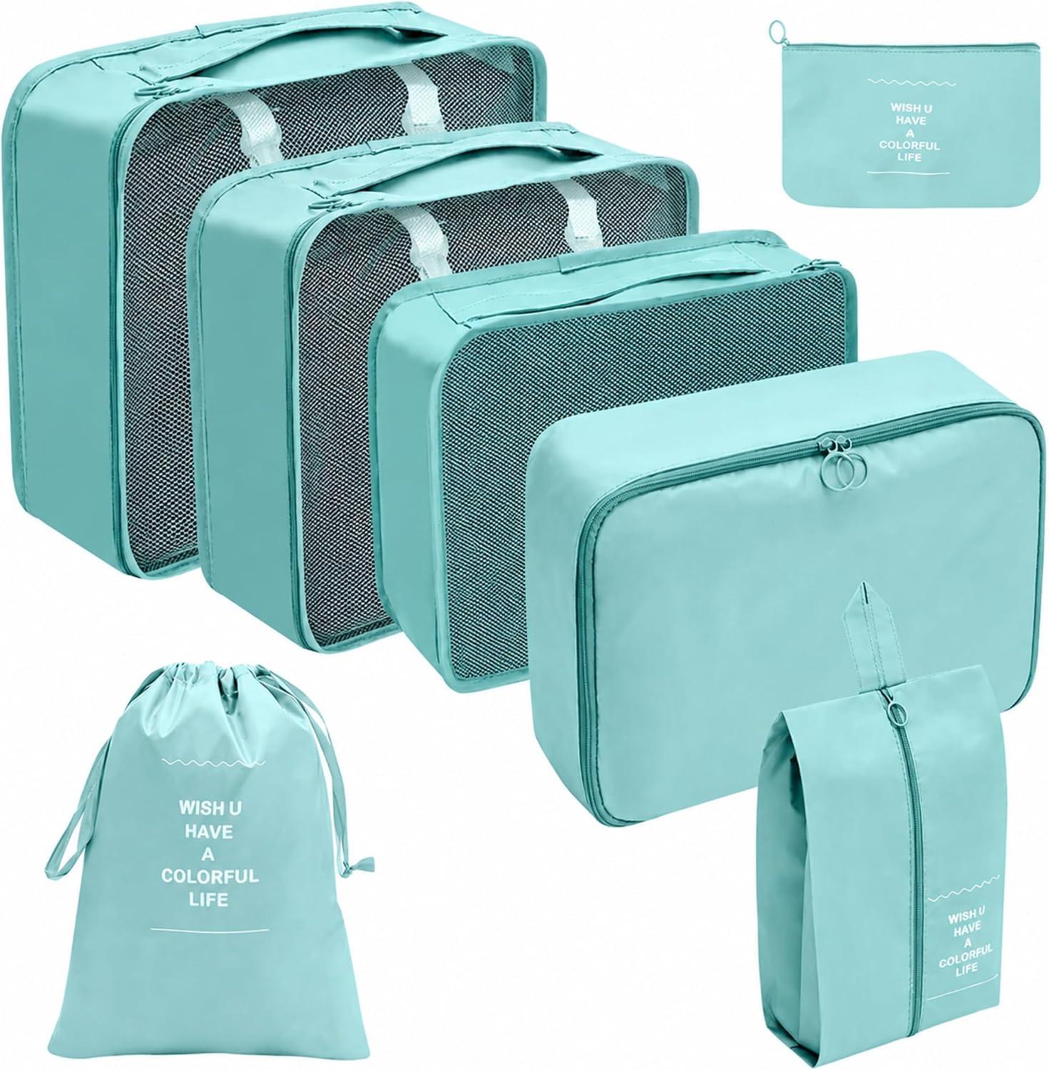 Kit Organizador de Mala 8 Peças Packing Cubes com Compressão Porta Sapatos Necessaire Transparente Roupas Sujas para Viagem (Azul claro 7 peças)