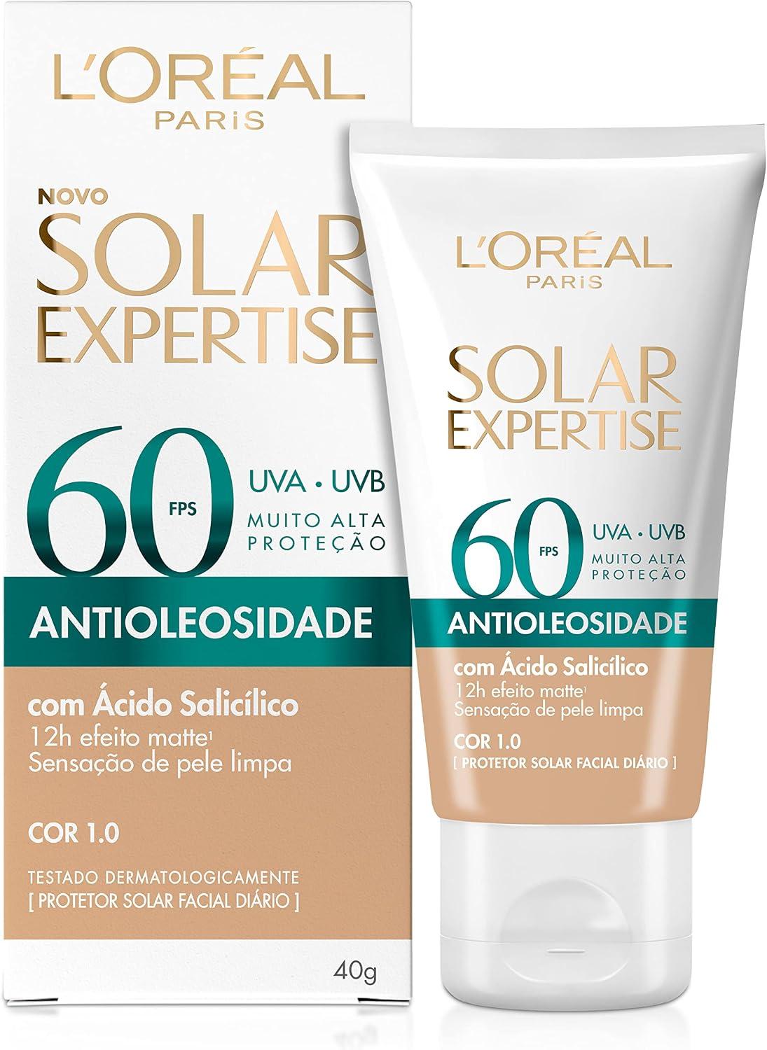 L'Oréal Paris Solar Expertise Antioleosidade, Protetor Solar Facial com FPS 60, 12h de Efeito Matte com Ácido Salicílico, Cor 1.0, 40g